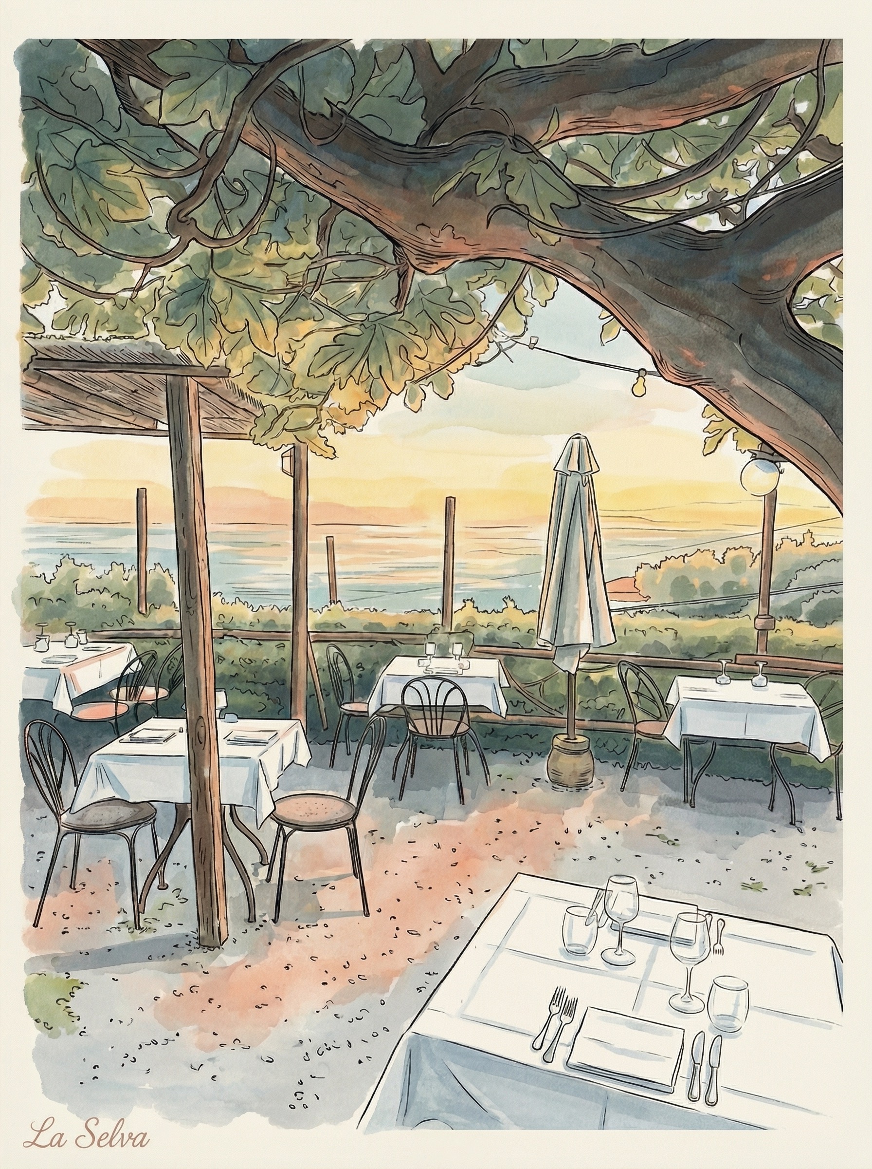 Illustrazione ad acquerello della terrazza del ristorante La Selva al tramonto con tavoli apparecchiati e vista mare
